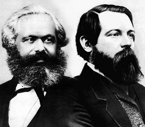 A montage of pictures of Karl Marx (1867) and Friedrich Engels (c.1856-1868).